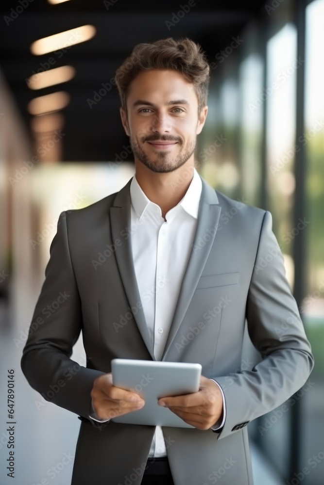 Young businessman holding pad computer in hands at modern office.