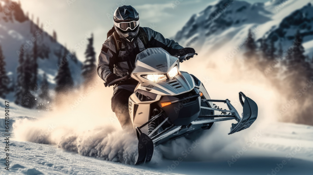 Snowmobile rider performing spectacular jump on mountain with snowy landscape.