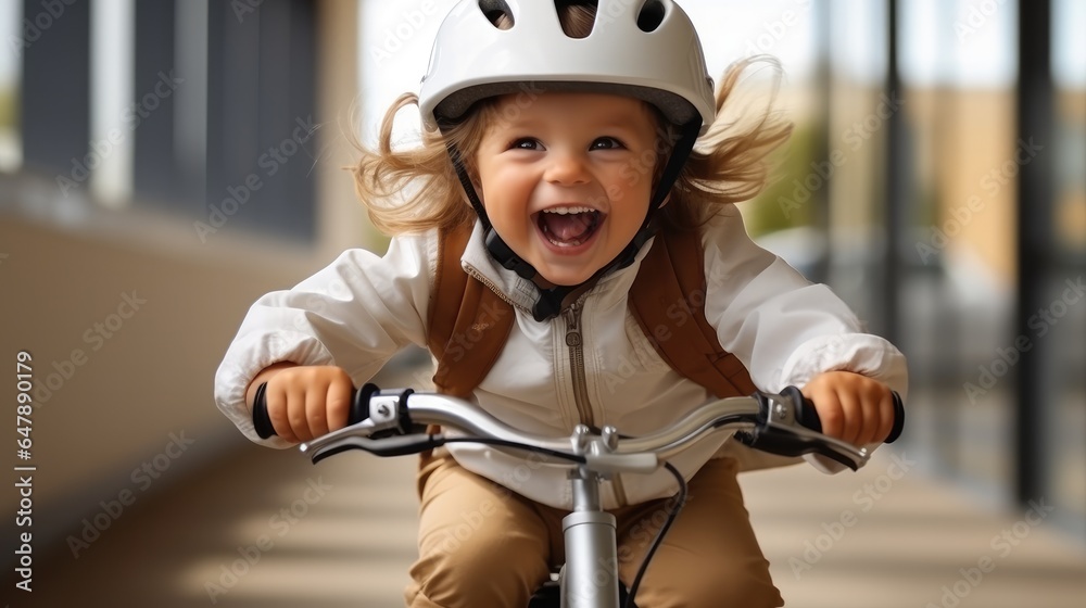 Portrait of a happy little children that riding a bike on city road.