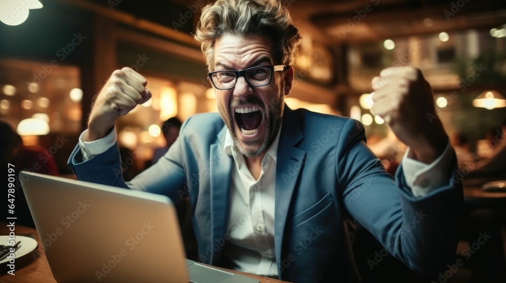 Successful entrepreneur celebrating with fist pump in front of laptop at workplace.