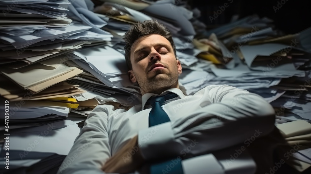 Businessman sleeping on paperwork in office, concept of workaholism and overtime that leads to exhau