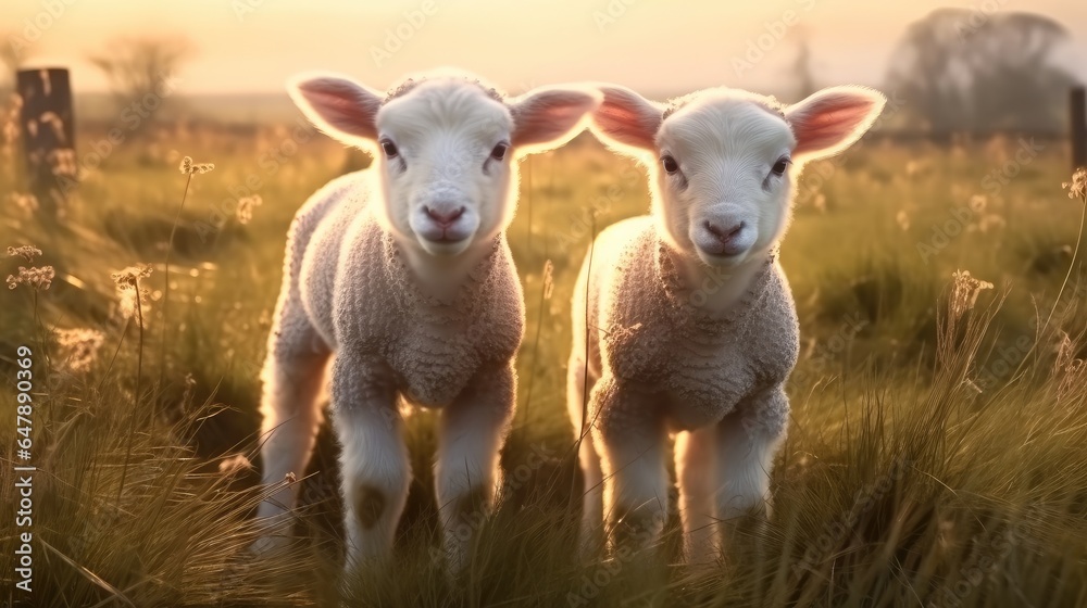 Two young lamb sheep on spring meadow.