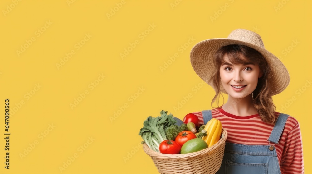 Young woman farmer with basket full of different vegetables on yellow background.