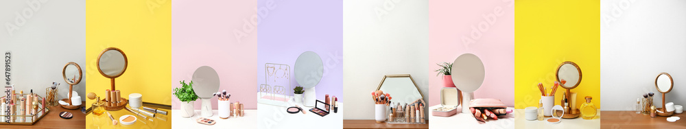 Collage of dressing tables with decorative cosmetics, mirrors and accessories