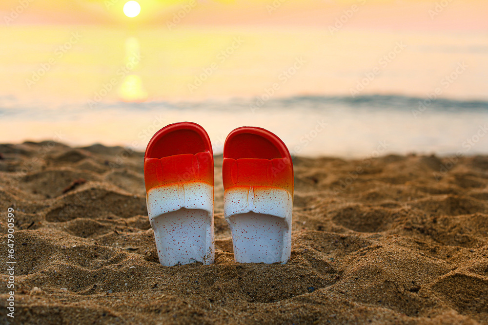 Stylish flips flops on sand near ocean at resort