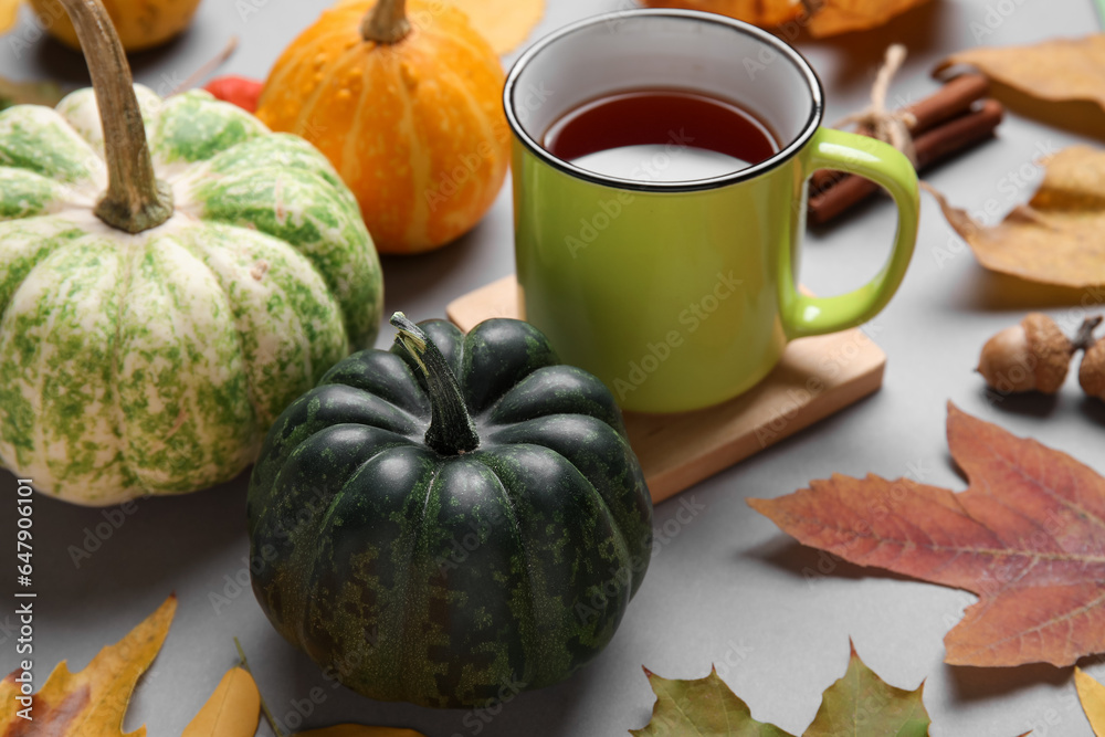 Composition with cup of tea, pumpkins and natural forest decor on grey background, closeup