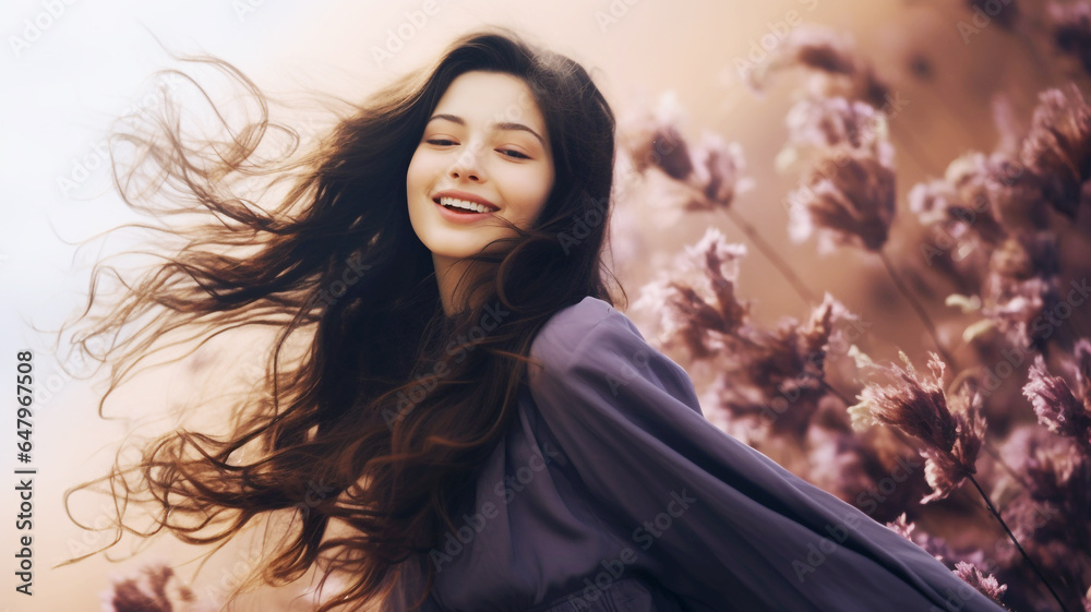 Beautiful long black hair woman with purple flowers