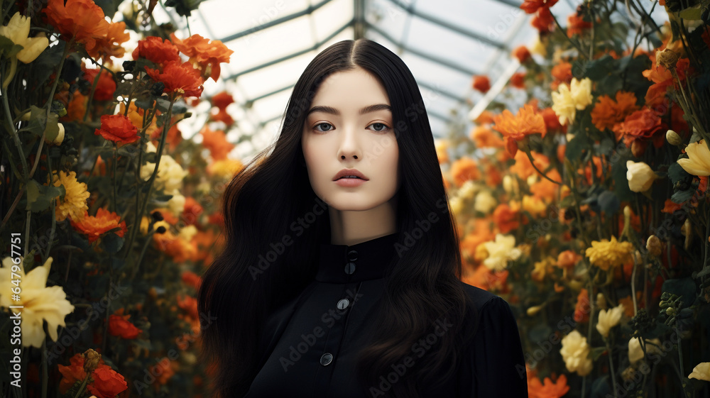 Asian woman in a black clothes in a flower garden