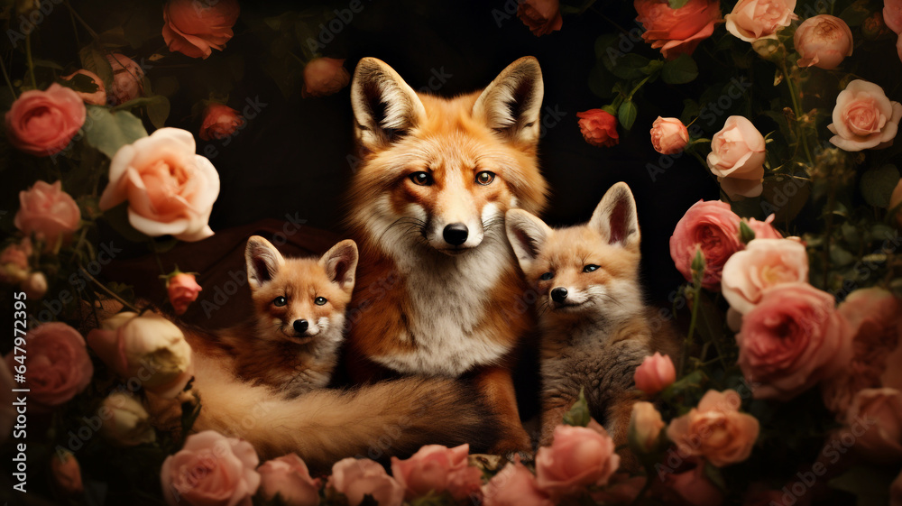 Mother fox with her cubs surrounded by flowers