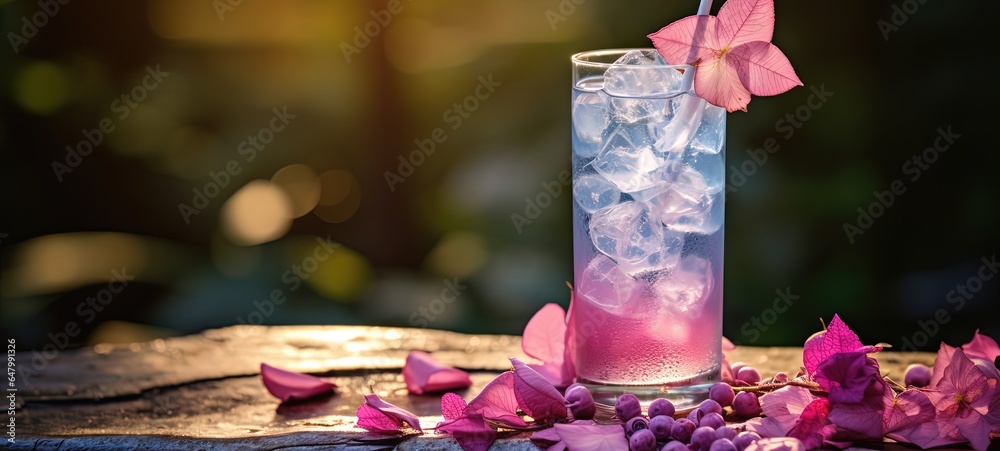 close up a glass of pink cocktail with flower on outdoors garden table,, Generative Ai