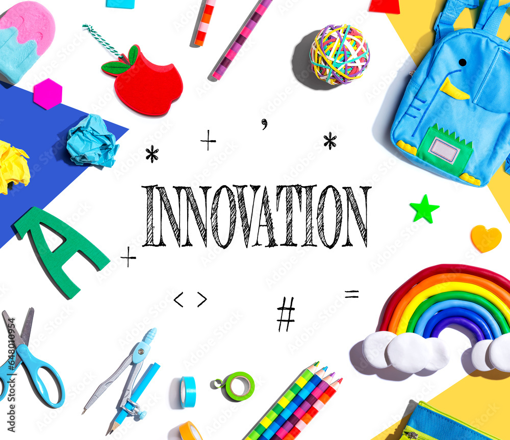 Innovation theme with school supplies overhead view - flat lay