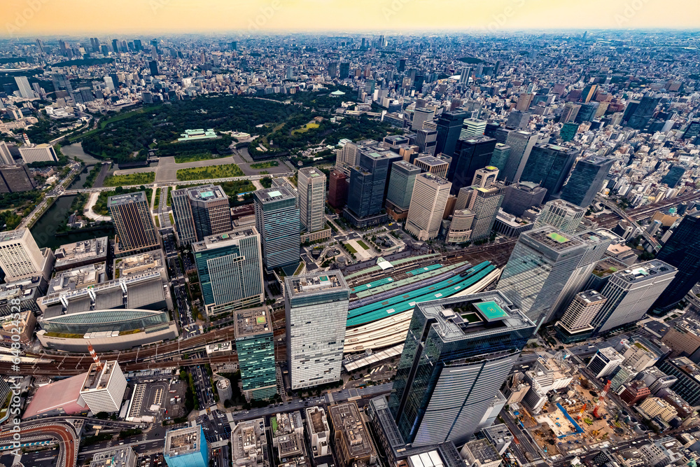 Aerial view of Chiyoda City, Marunouchi district, Tokyo Japan