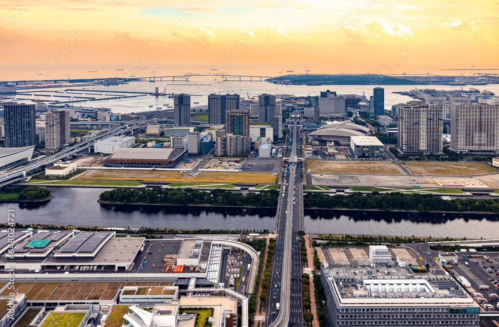 Aerial view of Odaiba Harbor in Minato City, Tokyo, Japan