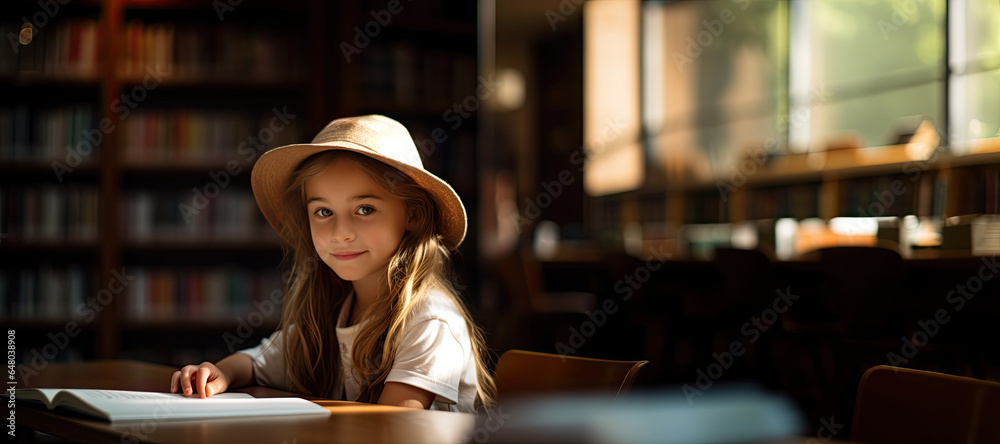 Cute schoolgirl absorbed in studying in the library, surrounded by books and notebooks.