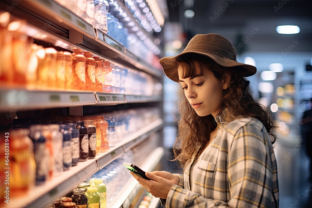 A young woman buys groceries in a supermarket and carefully selects fresh and healthy products using a smartphone.