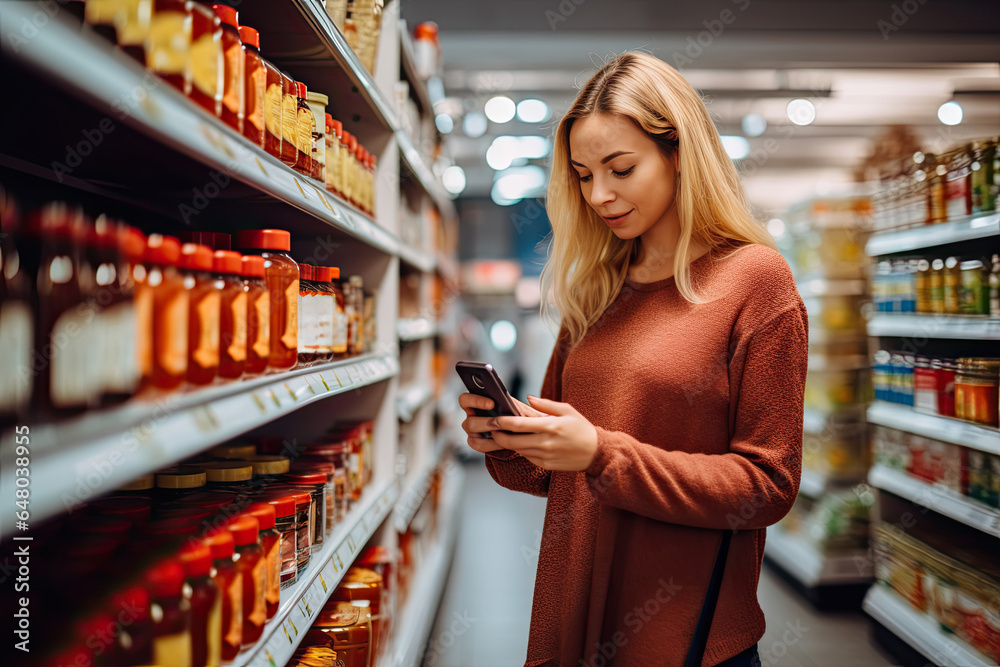 A young woman buys groceries in a supermarket and makes a choice using a smartphone.