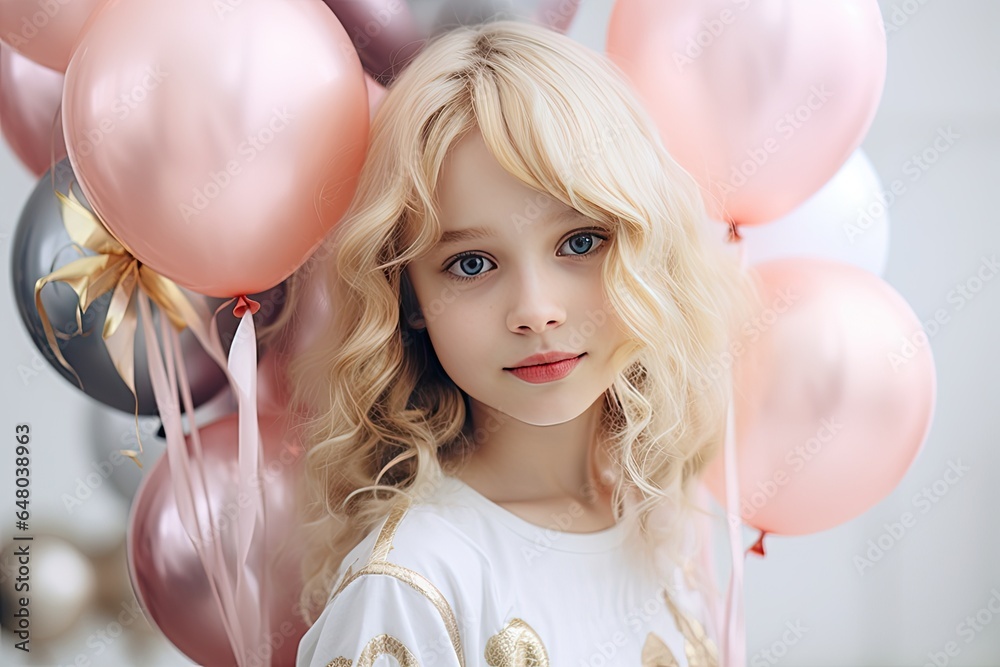 A cute little girl in a stylish dress celebrates her birthday while holding a balloon. Her joyful portrait captures the essence of a childs happiness.