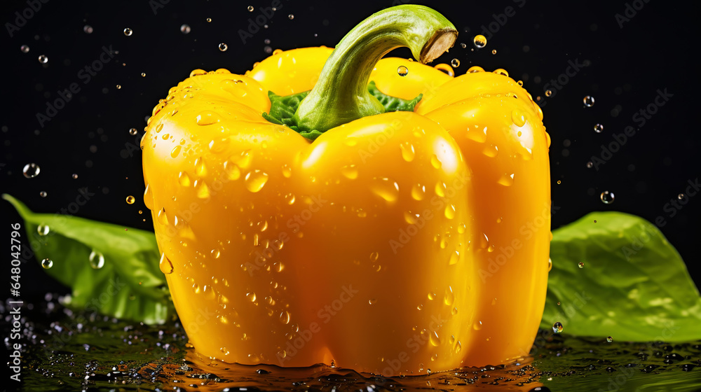 Fresh yellow bell peppers with water drops background. Vegetables backdrop. Generative AI