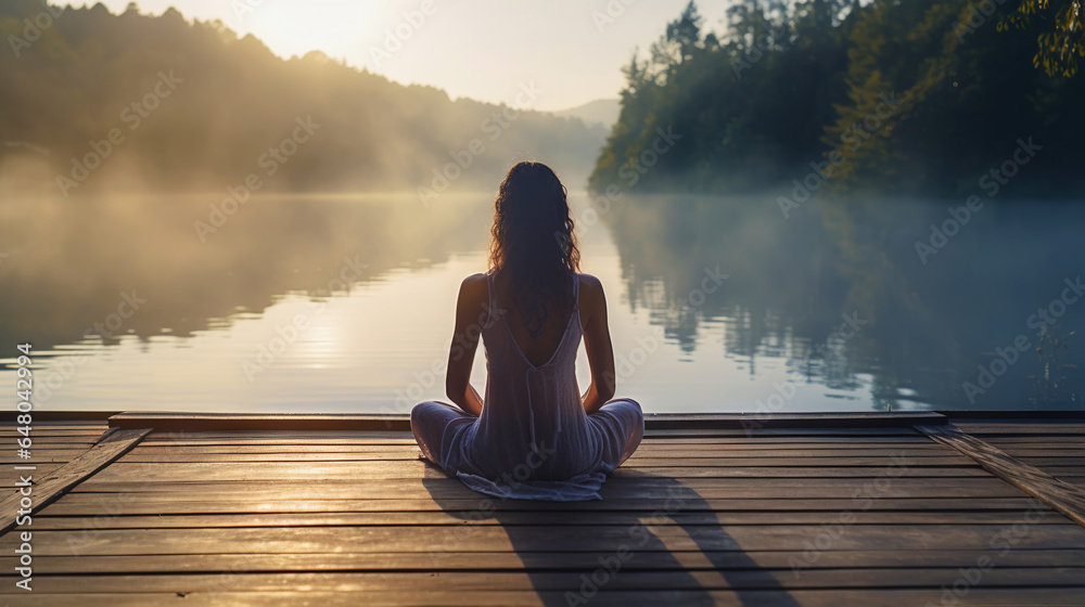 Young girl practice yoga on wooden pier with a view on lake and beautiful landscape. Generative AI