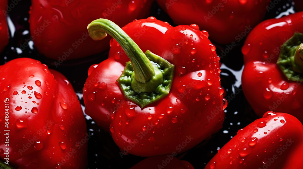 Fresh red bell peppers with water drops background. Vegetables backdrop. Generative AI