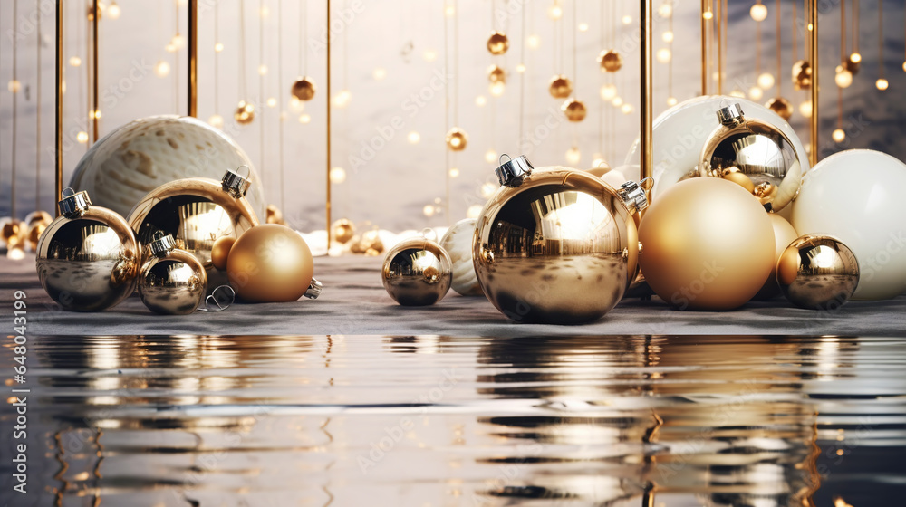 Modern shiny creative Christmas backdrop. Golden festive New Year background. Generative AI