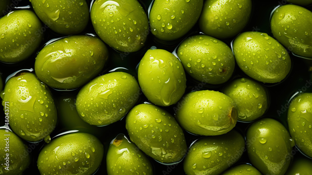 Fresh green olives with water drops background. Vegetables backdrop. Generative AI