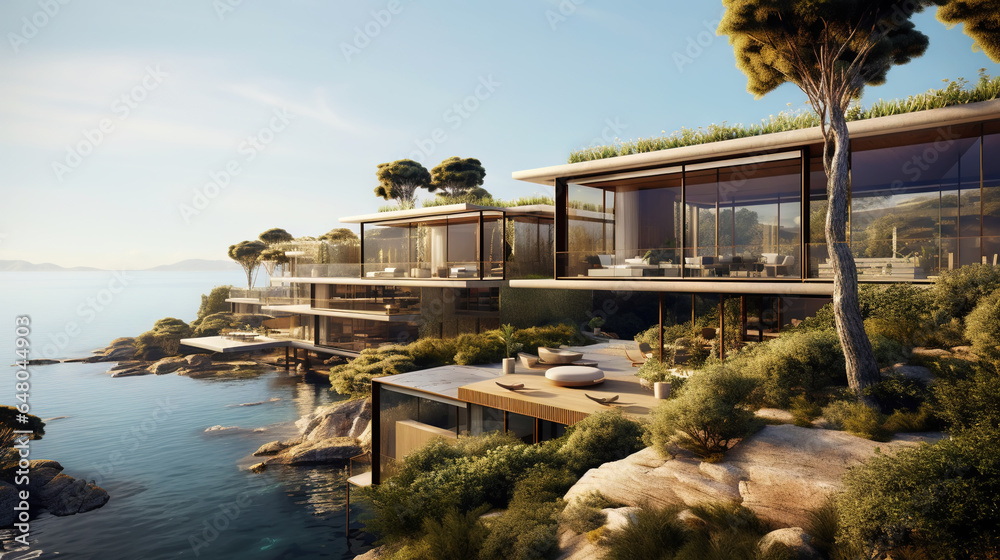 Luxury contemporaty villa on a mountain hill with a view on ocean. Generative AI