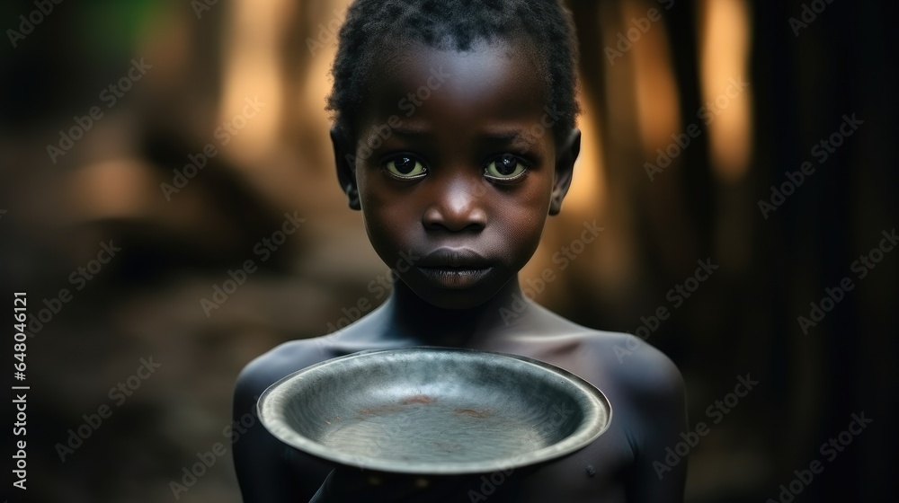 Children malnourished body holding an empty plate in a developing country.