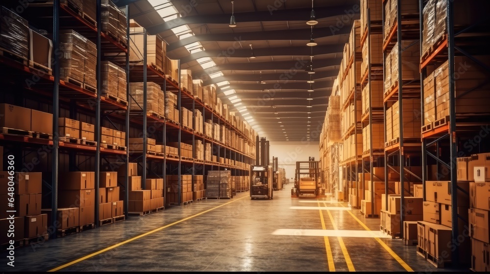 Warehouse, Logistics, A large warehouse with numerous items, Rows of shelves with boxes.