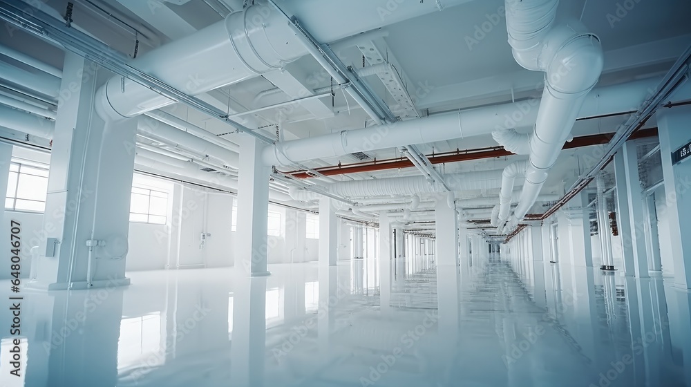 Pipeline inside modern factory, Technical room filled with white pipes, Equipment.