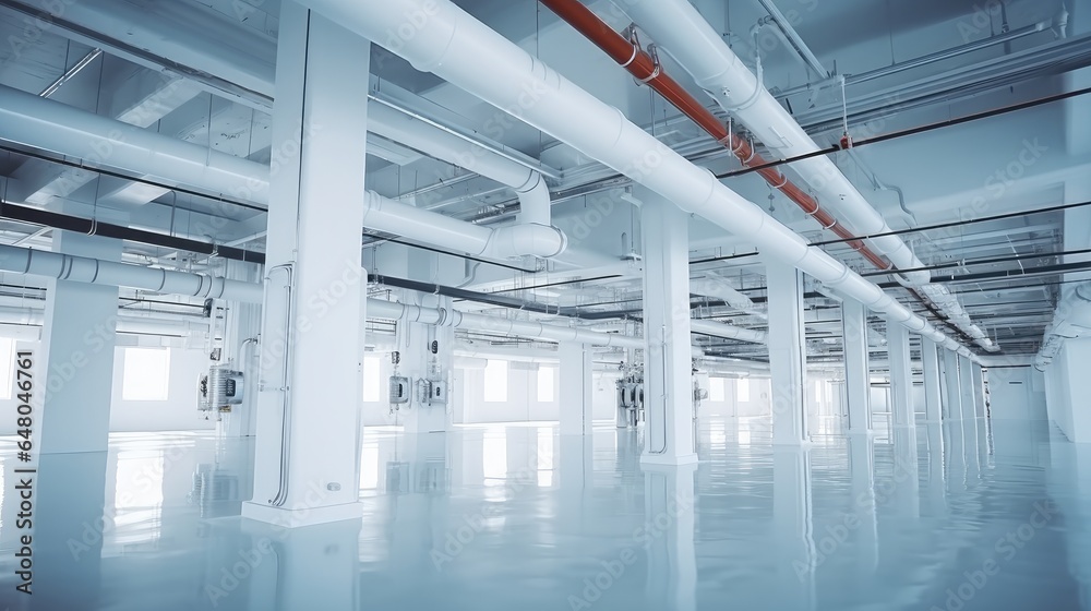 Pipeline inside modern factory, Technical room filled with white pipes, Equipment.