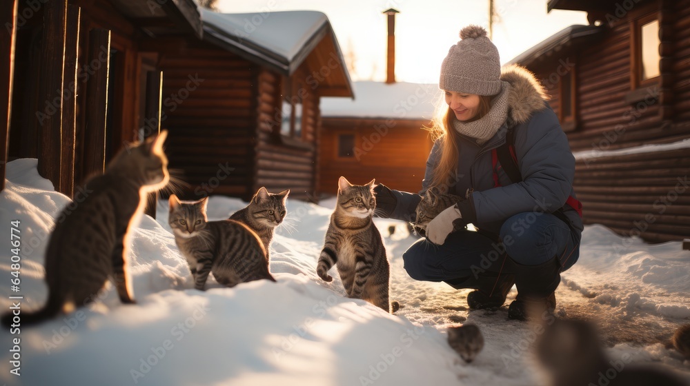 Woman happily pets some stray cats under the eaves of a wooden house in the snow.