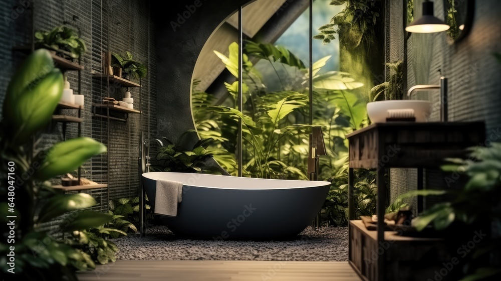 Modern bright bathroom and a variety of green plants of deep forest style.