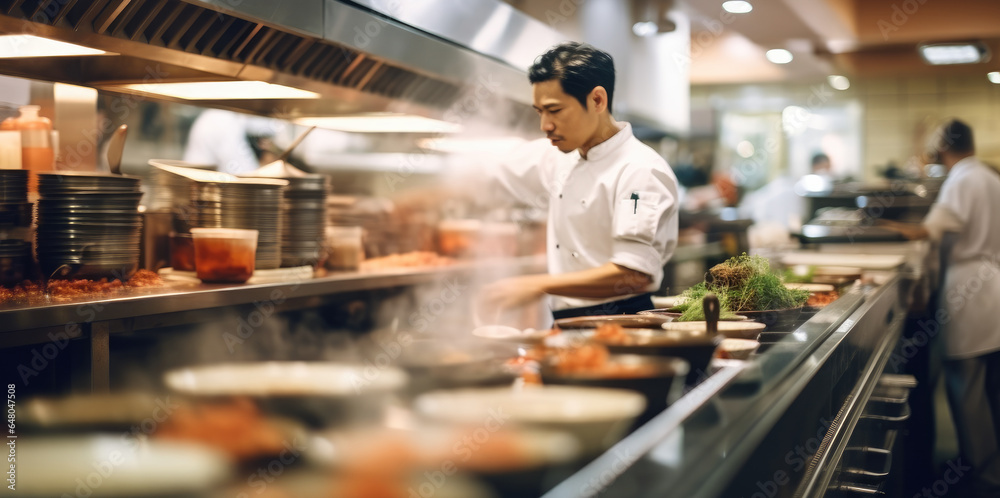 Chef preparing food, Busy Japanese restaurant, Staff in motion.