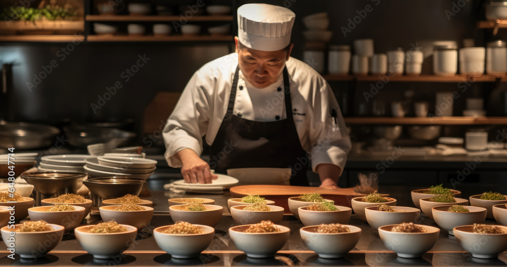 Chef preparing food at Japanese restaurant.