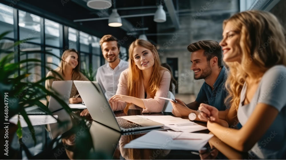 Business women talking to male colleague, informal meeting in office.