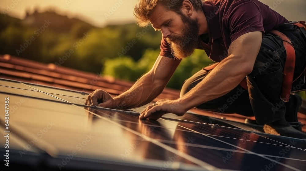 Construction worker installs solar panels on the roof of new house, Sustainable and clean energy concept.