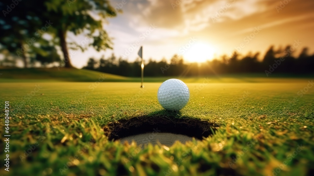 Golf ball at edge of hole on putting green outdoors.