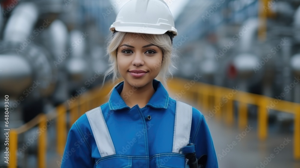 Industrial Woman working at oil refinery.