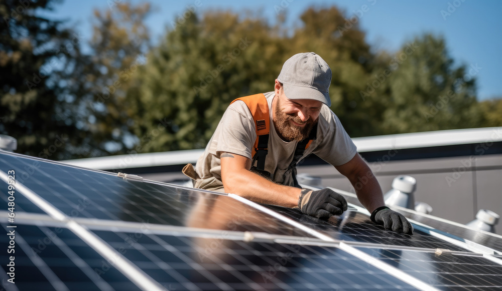 Man installing solar panels on roof of a house.