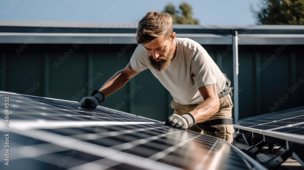 Man installing solar panels on roof of a house.