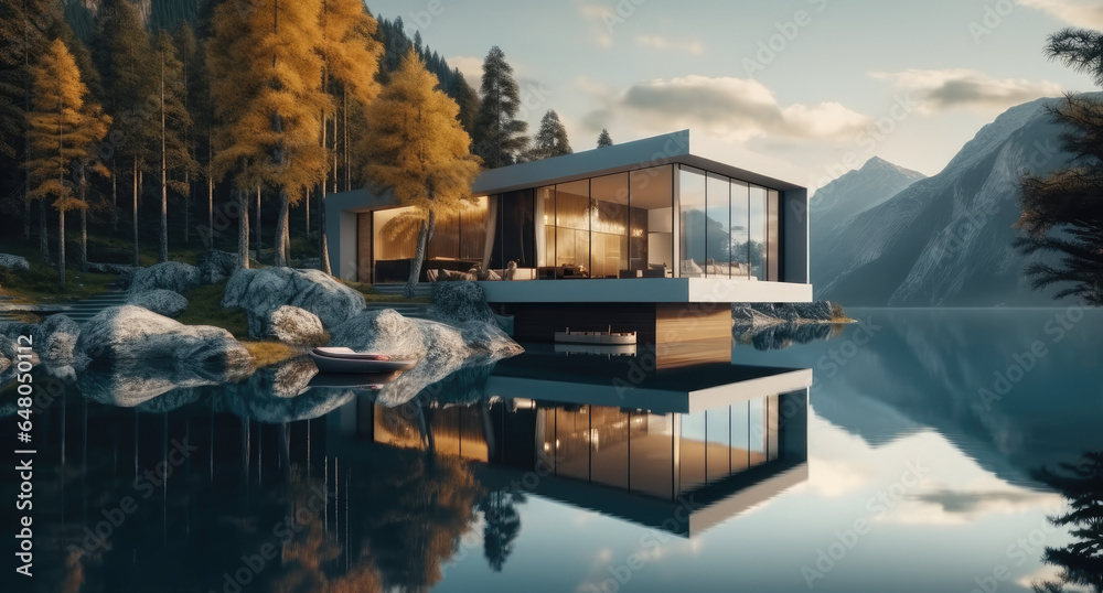 Modern concrete house and glass house design on a mountain lake.