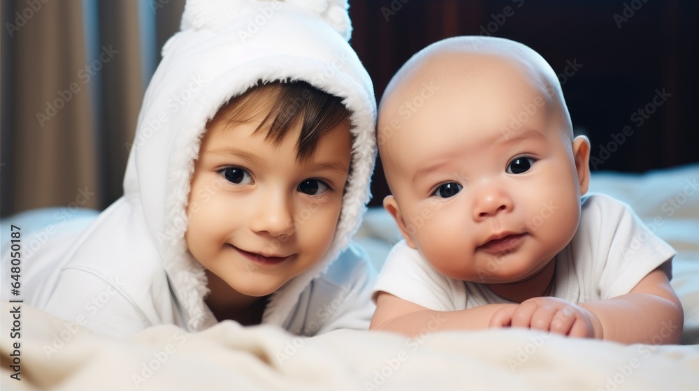 Twin babies brother and sister portrait.