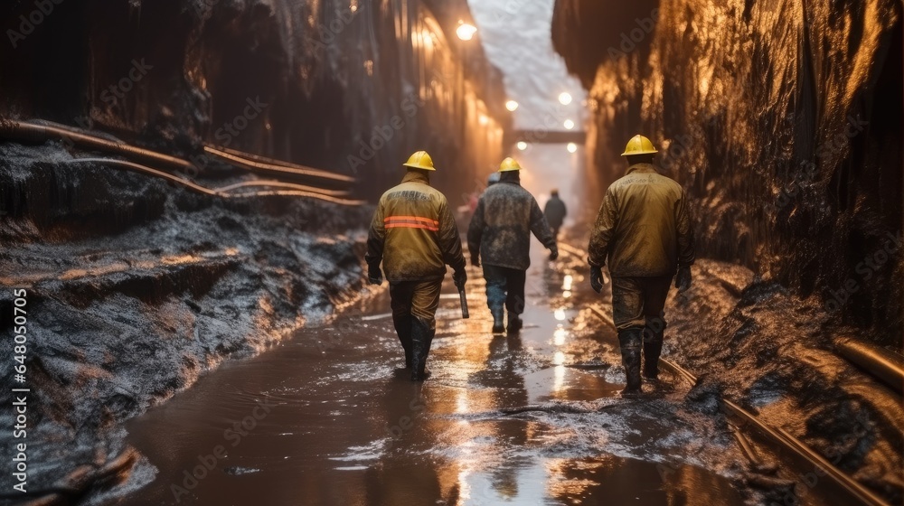 Group of workers are walking through a tunnel at a mining site, Industry concept.