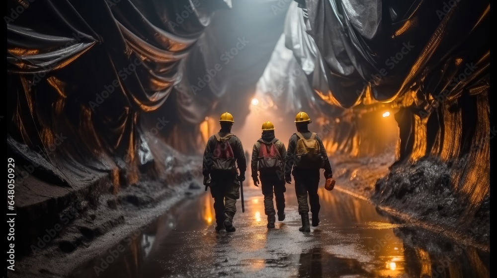 Worker under ground in a tunnel, Group of workers walking through a dark tunnel in a mining quarry.