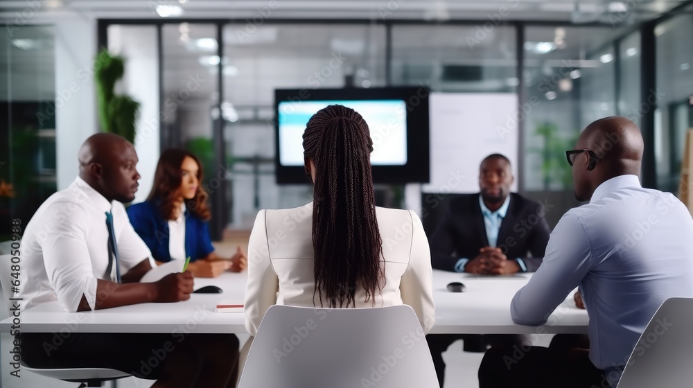 HR manager interviewing group of African American People for job.