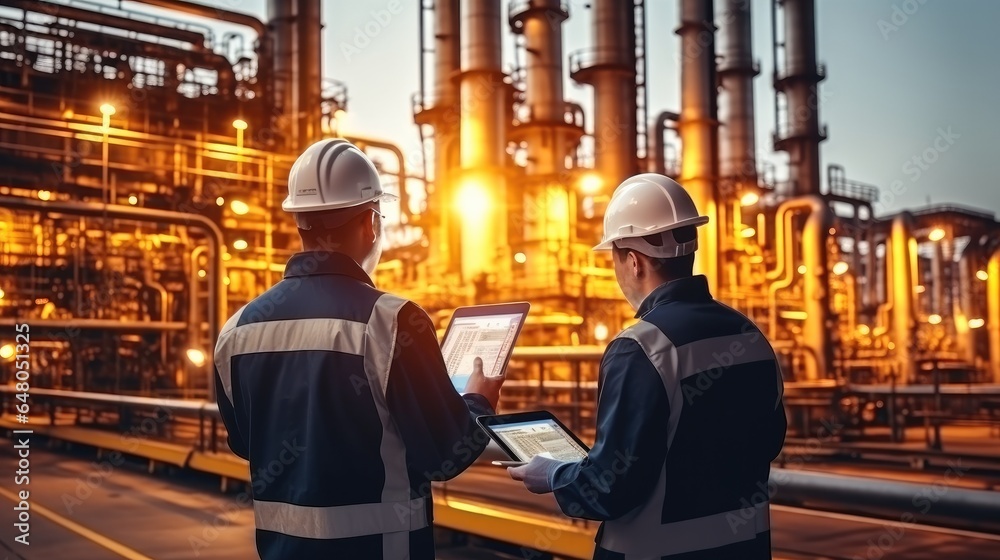 Two engineers with tablet computers remote testing of the functionality of oil refinery components.