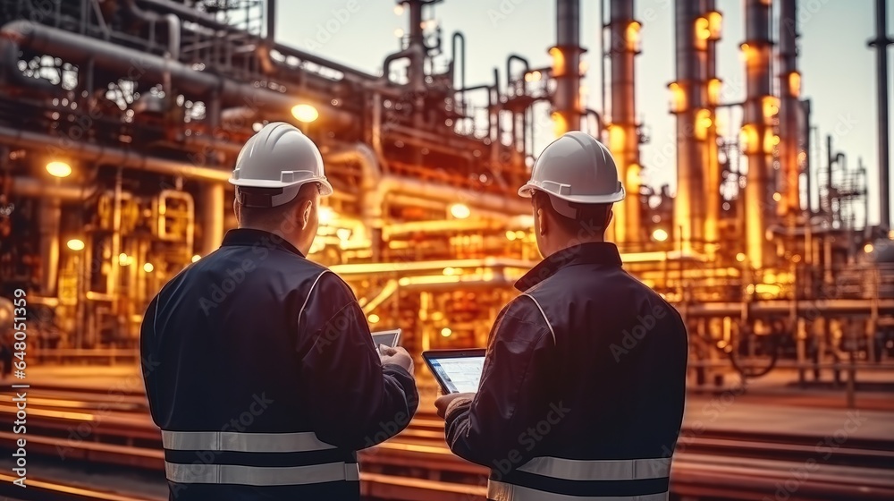 Two engineers with tablet computers remote testing of the functionality of oil refinery components.