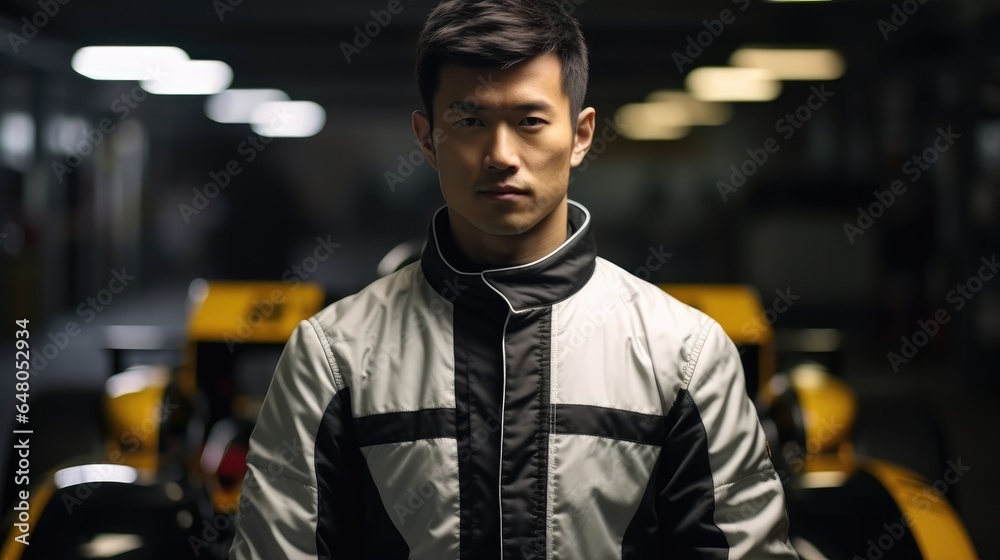 Man in racing dress, Female motorsport car racer standing in race car track.