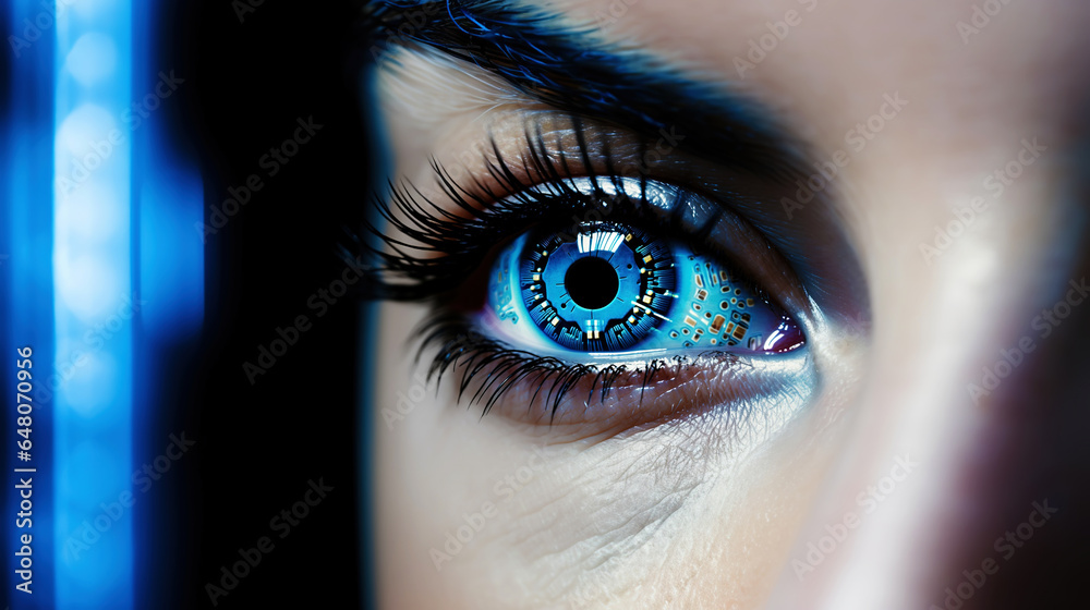 Female android robot eye close up. Digital iris of cyber woman. Bionic technology concept. Generative AI